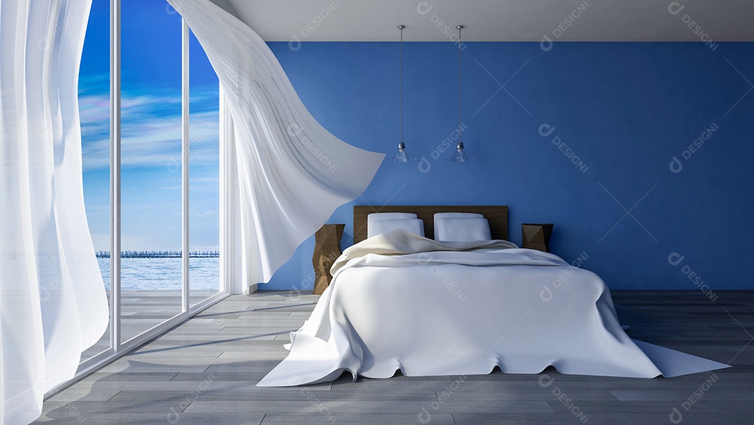 Cama no quarto à beira-mar que tem parede de concreto rachada de cor azul durante o dia, cortinas de tecido branco sendo sopradas pelo vento do mar.