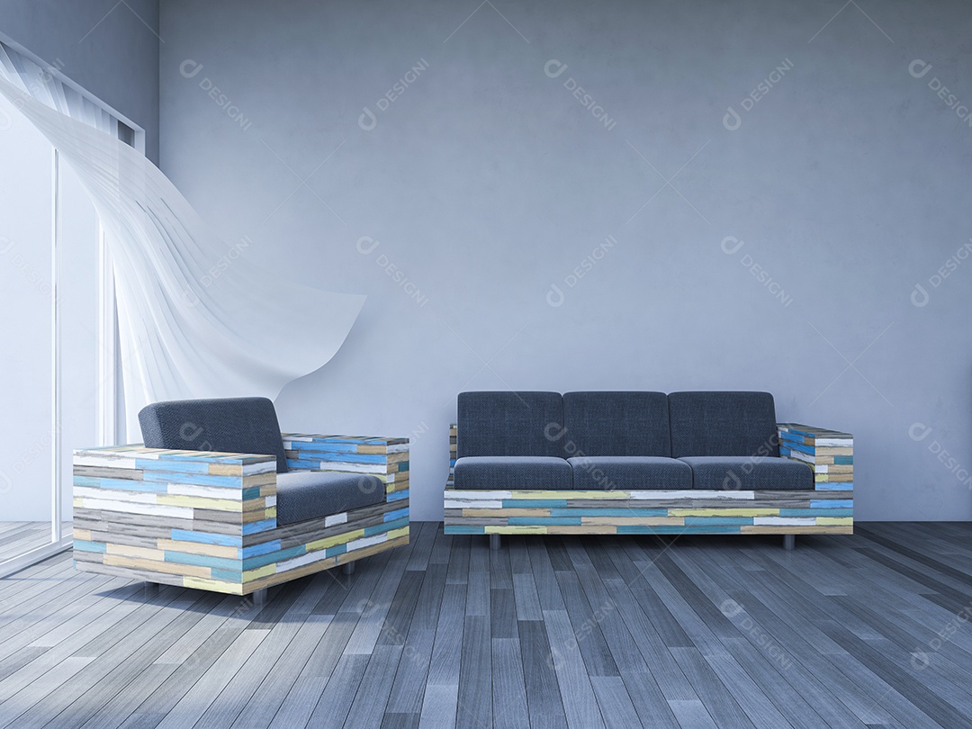 Sala de estar que rachou a parede de concreto e o piso de madeira velho e o conjunto de sofá de madeira velho colorido.