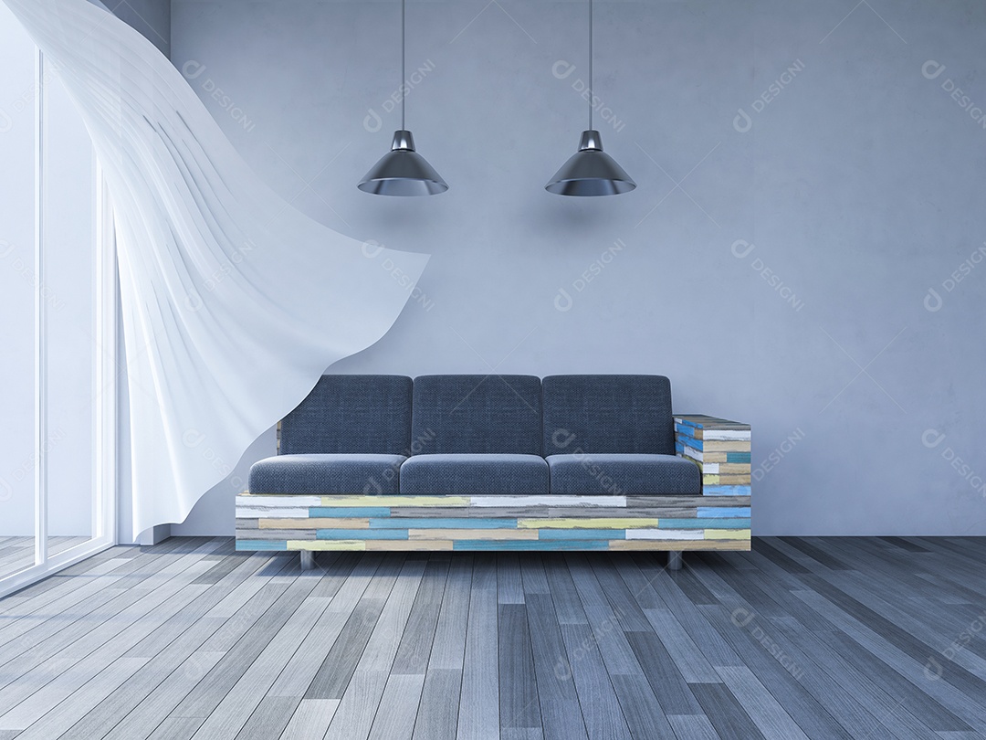 Sala de estar que rachou a parede de concreto e o piso de madeira velho e o conjunto de sofá de madeira velho colorido.