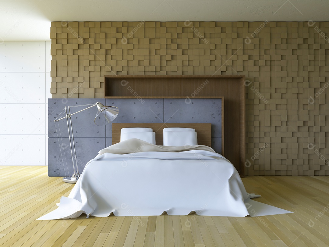 Quarto que tem padrão cúbico de madeira como parede, piso de madeira e parede decorativa de concreto rachado.