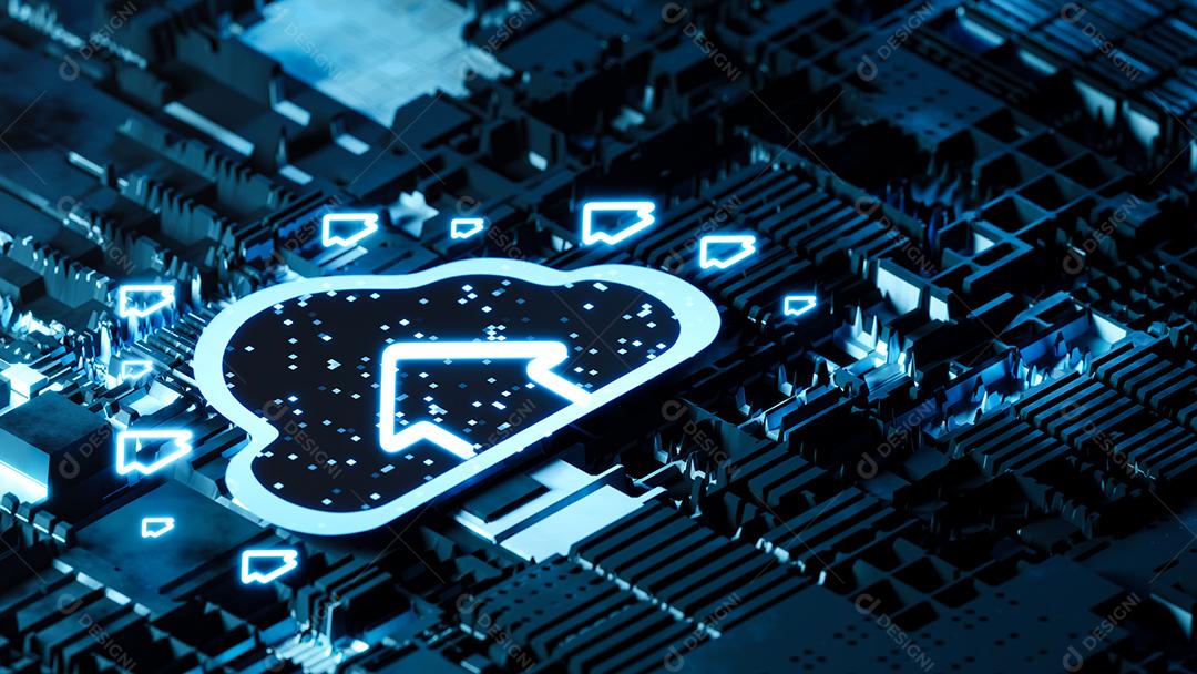 Renderização 3d brilhante ícone de computação em nuvem no fundo do painel de ciência científica.