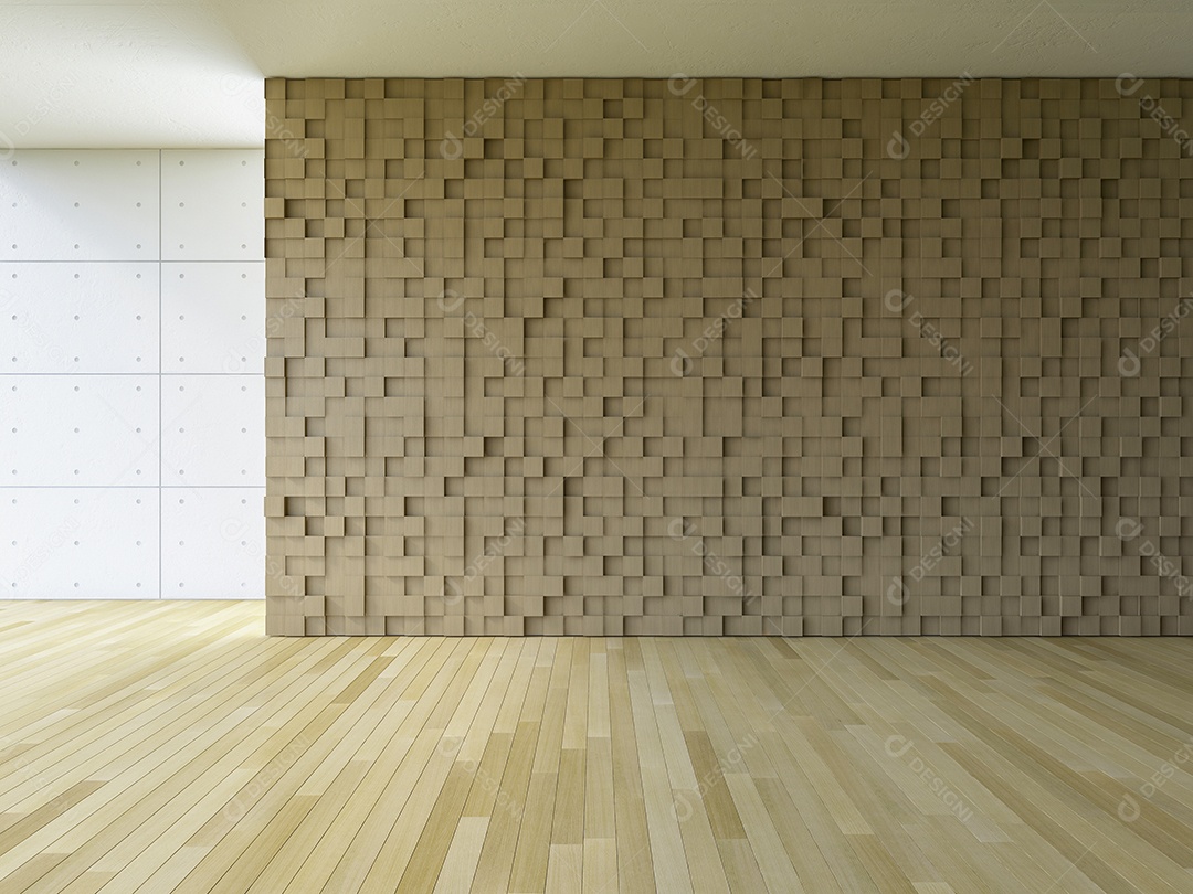 Sala de estar em branco que tem padrão cúbico de madeira como parede, piso de madeira e parede decorativa de concreto rachado.