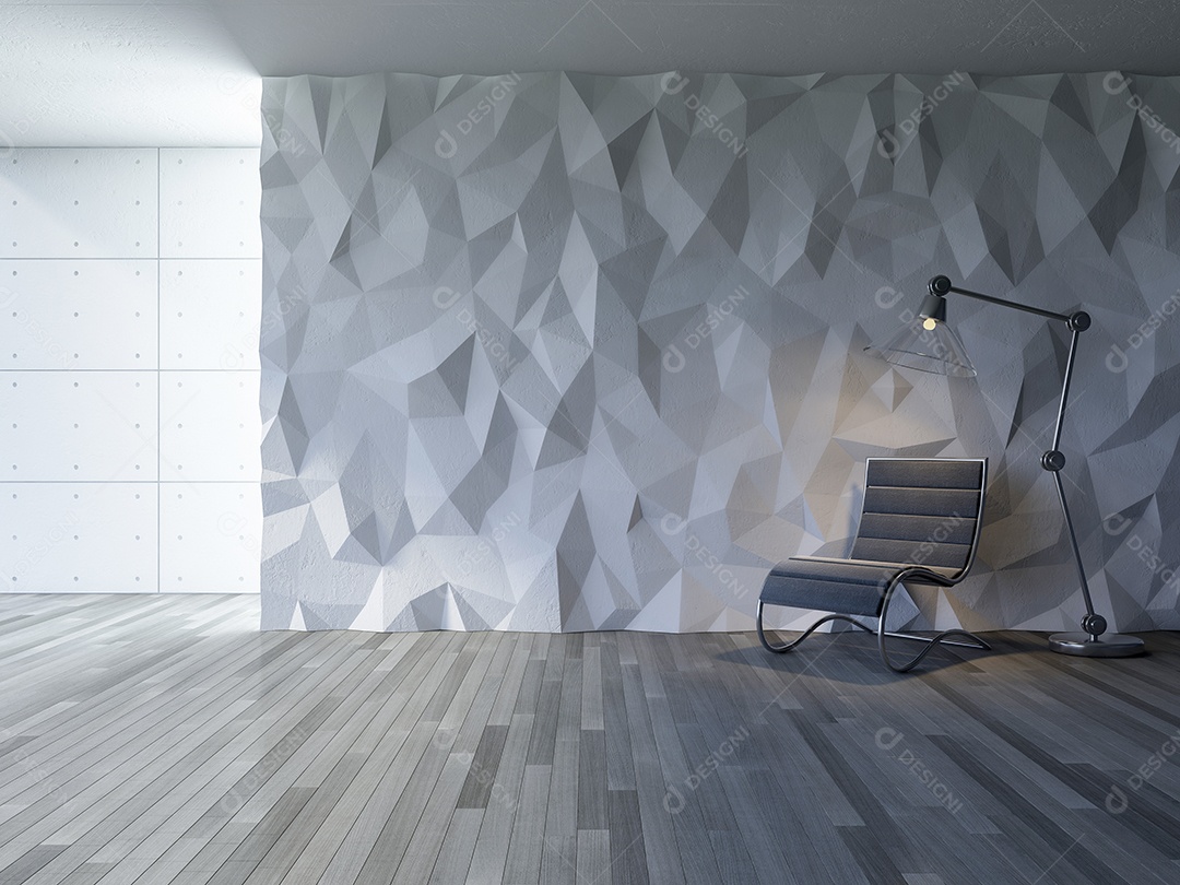 Sala de estilo loft, parede de concreto biscoito, piso de madeira, lâmpada; cadeira, parede decorativa de baixo polígono.