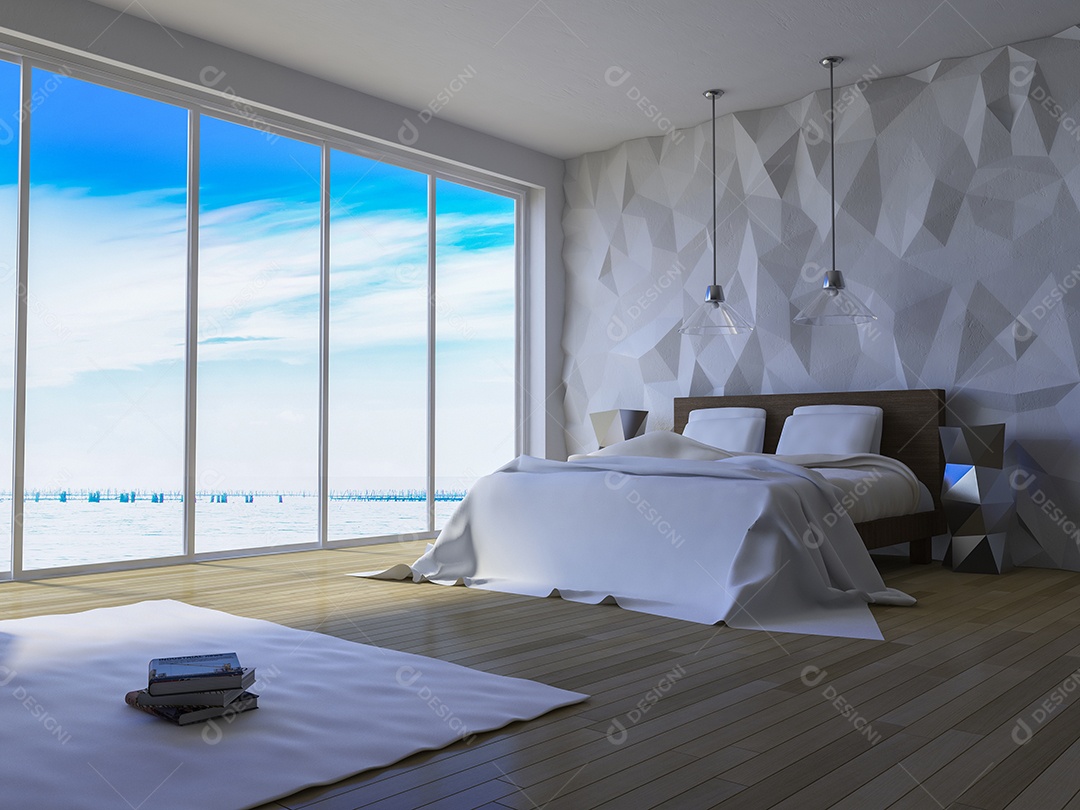 Cama no quarto à beira-mar que rachou a parede de concreto, parede decorativa de baixo polígono, pôr do sol ou hora do nascer do sol.