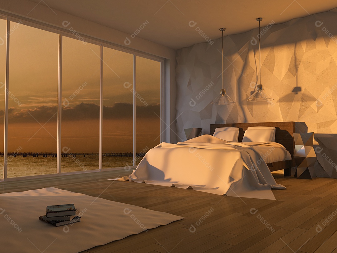 Cama no quarto à beira-mar que rachou a parede de concreto, parede decorativa de baixo polígono, pôr do sol ou hora do nascer do sol.