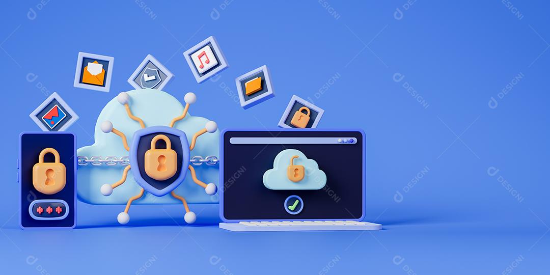 Renderização 3D em nuvem com sistema de segurança no smartphone e computador portátil.