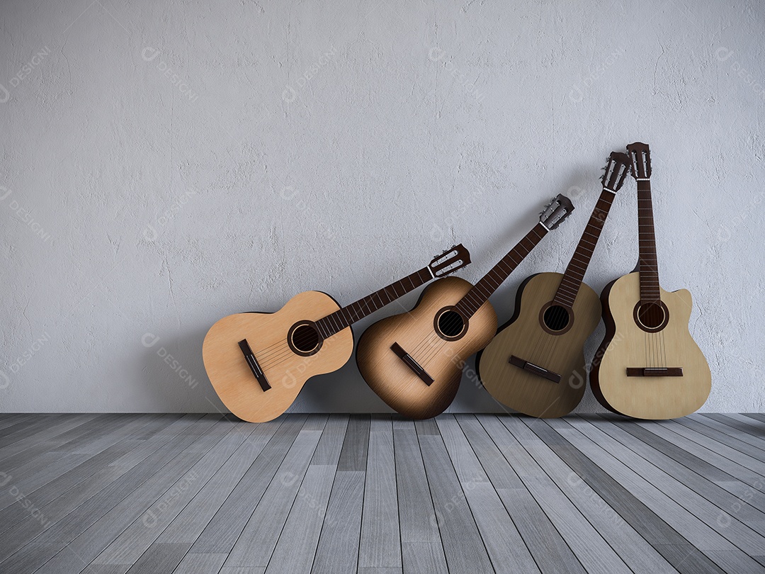 Guitarras, violão na sala, piso de madeira antigo, parede de concreto branca rachada.