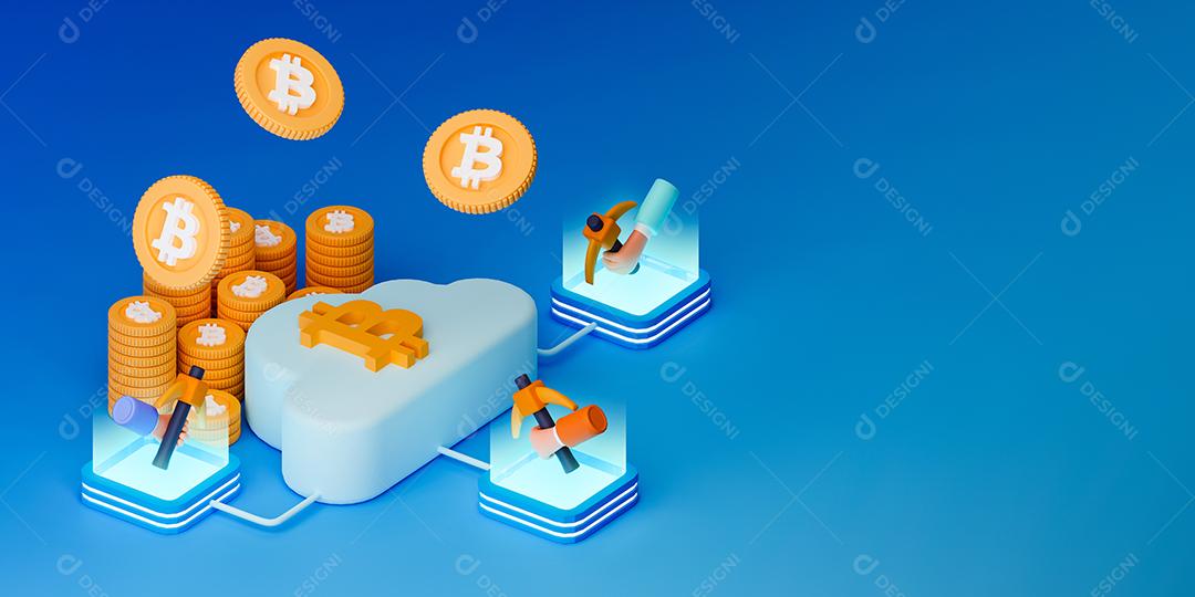 3d renderização conceito nuvem ilustração. Pessoas minerando criptomoeda usando a tecnologia de computação em nuvem no smartphone e computador.