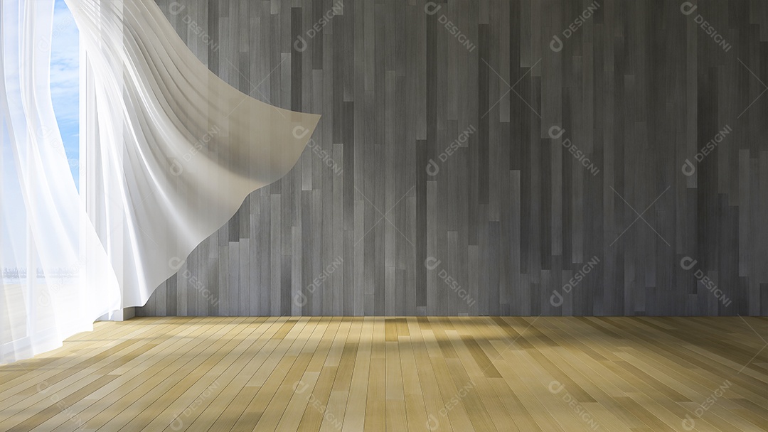 Imagem da sala à beira-mar, cortinas de tecido branco sendo sopradas pelo vento do mar, parede de madeira e piso.