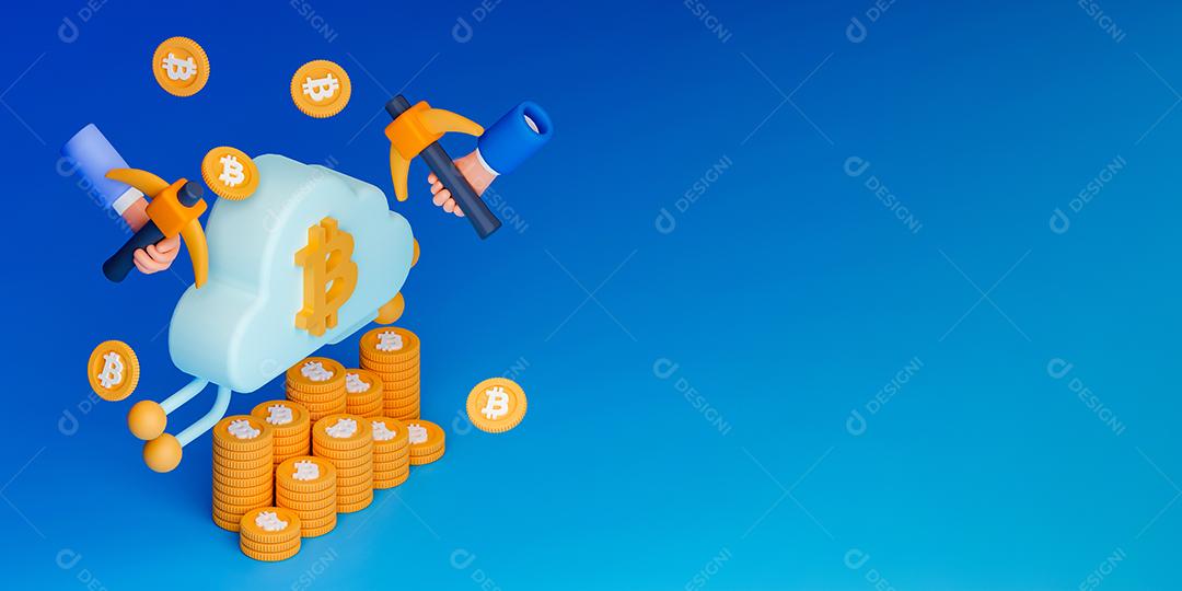 3d renderização conceito nuvem ilustração. Pessoas minerando criptomoeda usando a tecnologia de computação em nuvem no smartphone e computador.