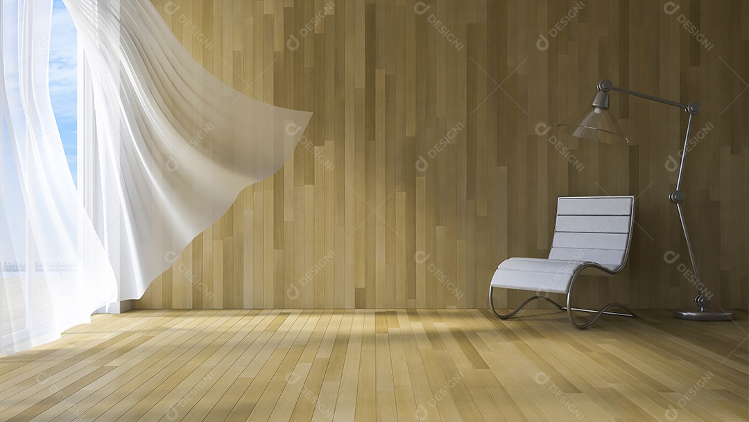 imagem da sala à beira-mar, cortinas de tecido branco sendo sopradas pelo vento do mar, parede de madeira e piso, cadeira e lâmpada.