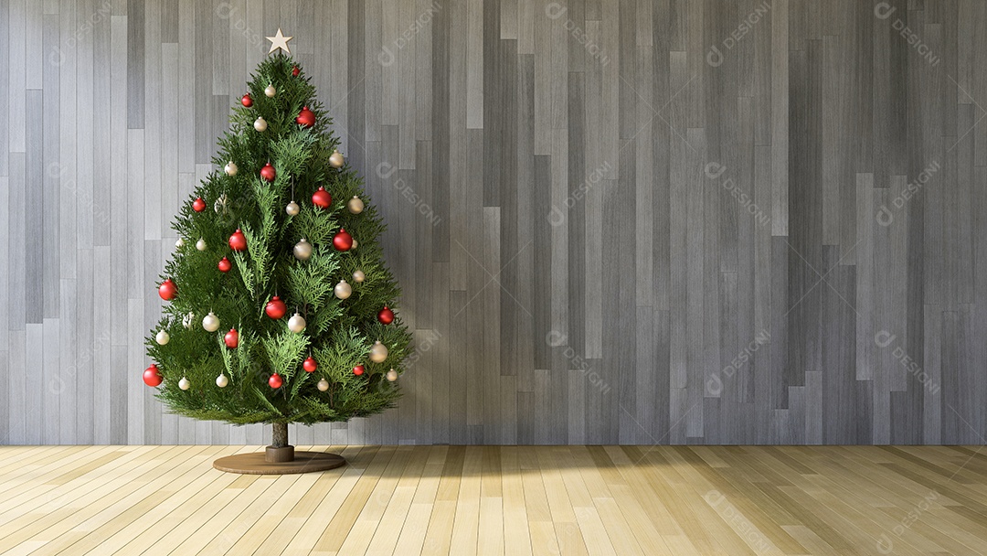 Imagem da árvore de natal na sala, piso de madeira e parede, natal e feliz ano novo.