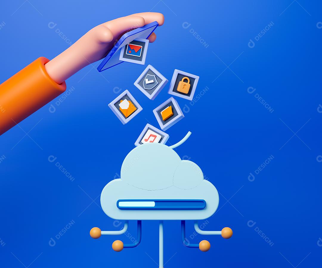 Conceito de renderização de tecnologia de computação em nuvem 3D. Pessoas usando tecnologia de nuvem com smartphone