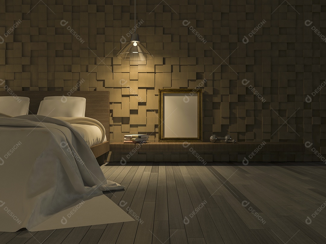 Quarto que tem padrão cúbico de madeira como parede, piso de madeira, moldura em branco e livro na prateleira.