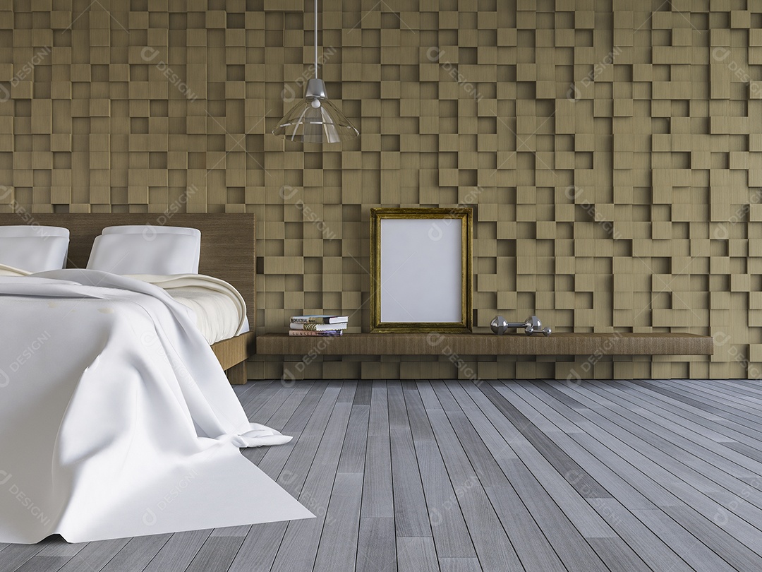 Quarto que tem padrão cúbico de madeira como parede, piso de madeira, moldura em branco e livro na prateleira.