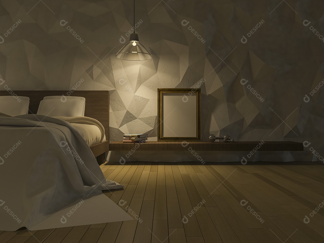 Quarto em estilo loft, parede de concreto rachada, piso de madeira, parede decorativa de baixo polígono.