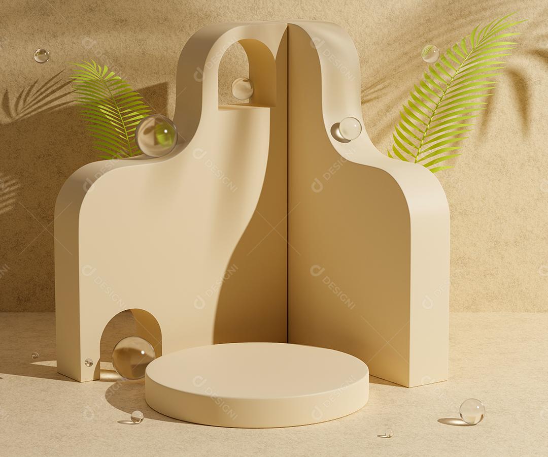 Pódio de cilindro vazio de renderização 3D em fundo amarelo claro para exibição do produto.