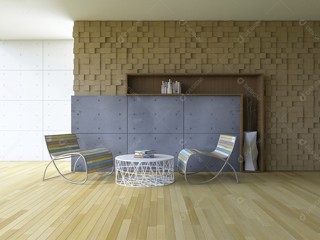 Sala de estar que tem padrão cúbico de madeira como parede, piso de madeira e parede decorativa de concreto rachado.