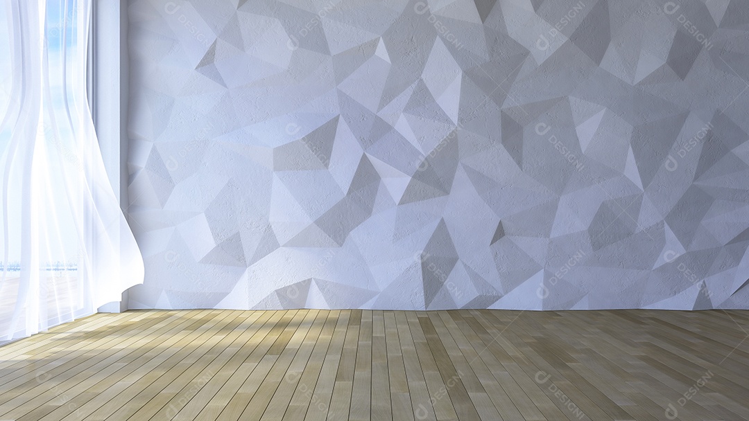 Sala de estilo loft, parede de concreto de baixo polígono de cor branca, cortinas de tecido branco sendo sopradas pelo vento, luz solar da janela e sombra no piso de madeira.