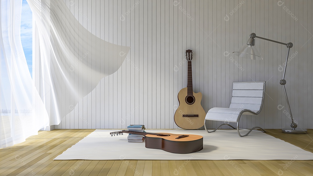 Sala, piso de madeira antigo, guitarra, cadeira, lâmpada e livros no tapete branco, cortinas de tecido branco sendo sopradas pelo vento, luz solar da janela e sombra no chão.