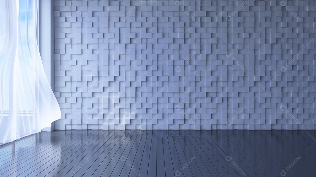 Oceanfront living room, white fabric curtains being blown by the sea wind, cubic wooden wall and floor.