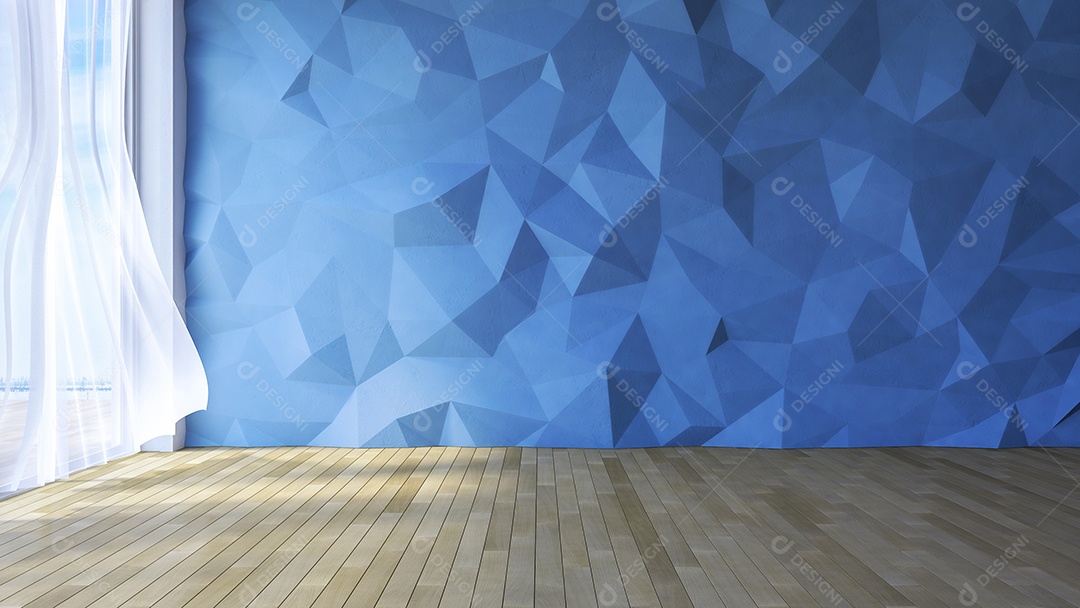 Sala de estilo loft, parede de concreto de baixo polígono de cor azul, cortinas de tecido branco sendo sopradas pelo vento.