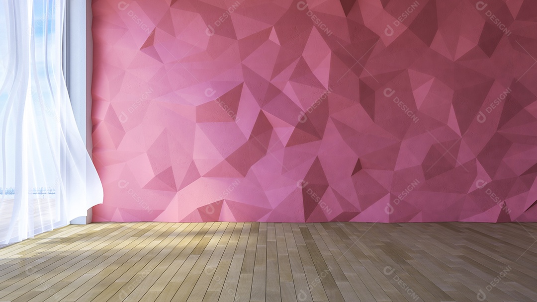 Sala de estilo loft, parede de concreto biscoito de baixo polígono de cor vermelha rosa.