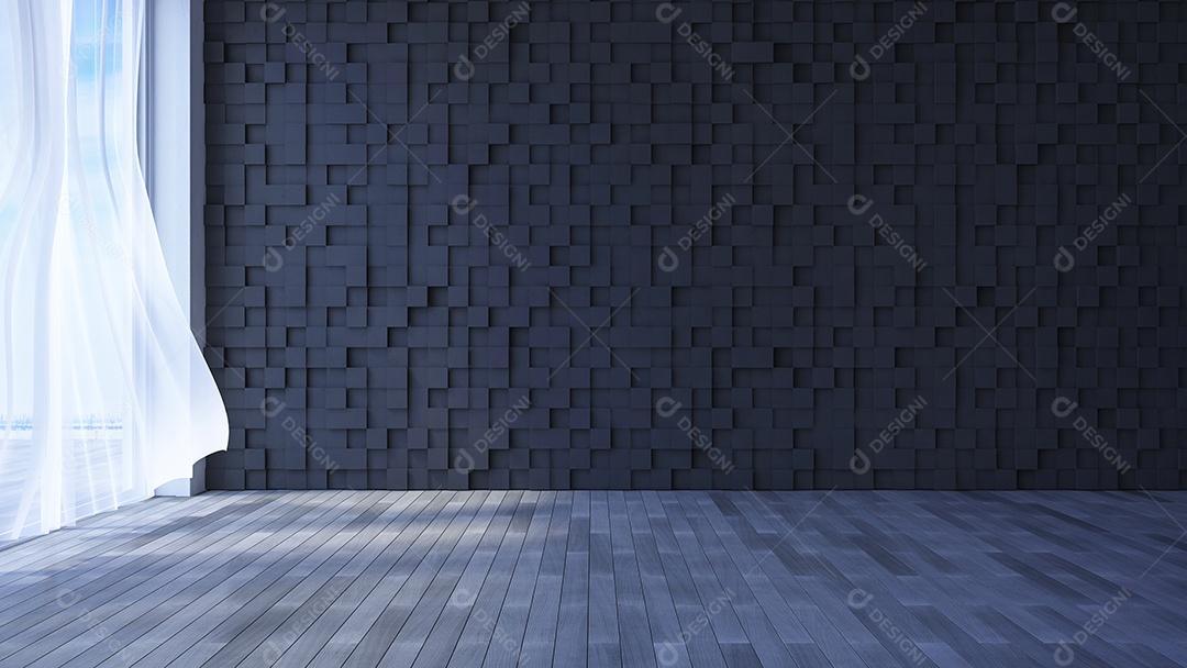 Sala à beira-mar, cortinas de tecido branco sendo sopradas pelo vento do mar, parede de madeira cúbica e piso.