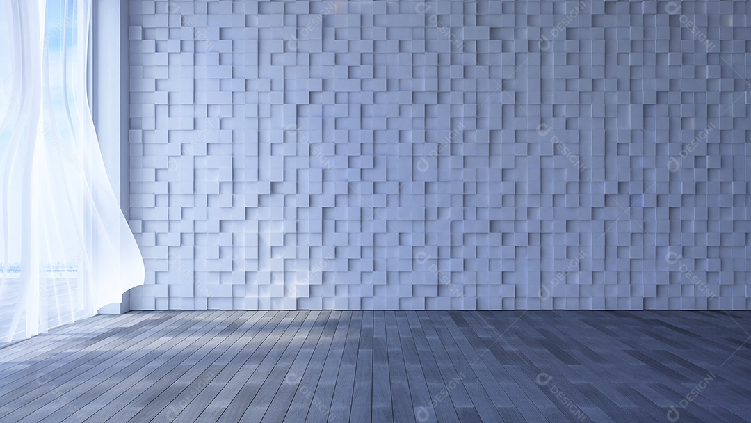 Sala à beira-mar, cortinas de tecido branco sendo sopradas pelo vento do mar, parede de madeira cúbica e piso.