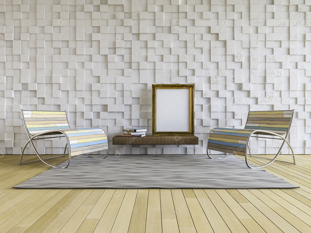 Sala de estar que rachou padrão cúbico de concreto como parede, piso de madeira, moldura em branco e livro na prateleira.