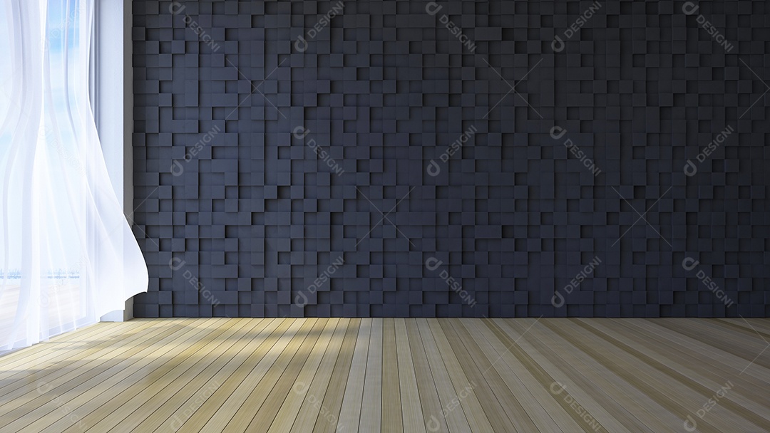 Sala à beira-mar, cortinas de tecido branco sendo sopradas pelo vento do mar, parede de madeira cúbica e piso.