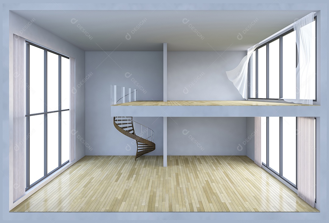 Apartamento de espaço duplo na caixa de estar, Cortinas de tecido branco sendo sopradas pelo vento.