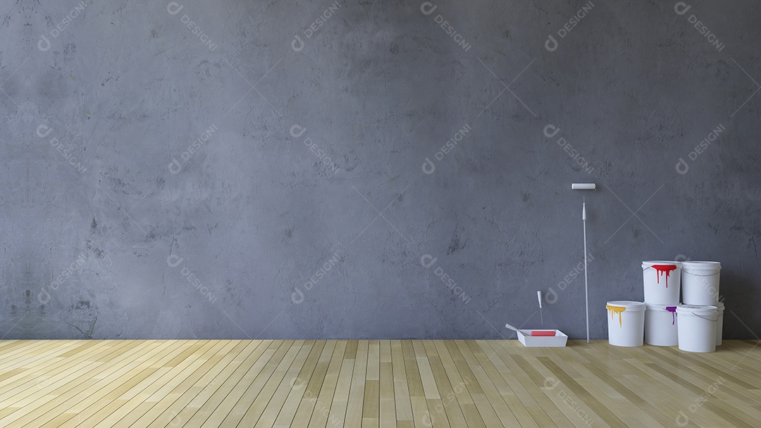 Parede de concreto rachada em branco e piso de madeira, ferramentas de escada e pintura e latas de cor no chão.