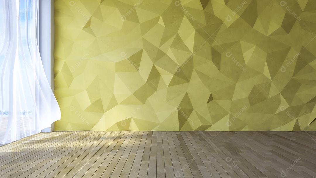 Sala de estilo loft, parede de concreto biscoito de baixo polígono de cor amarela, cortinas de tecido branco sendo sopradas pelo vento.