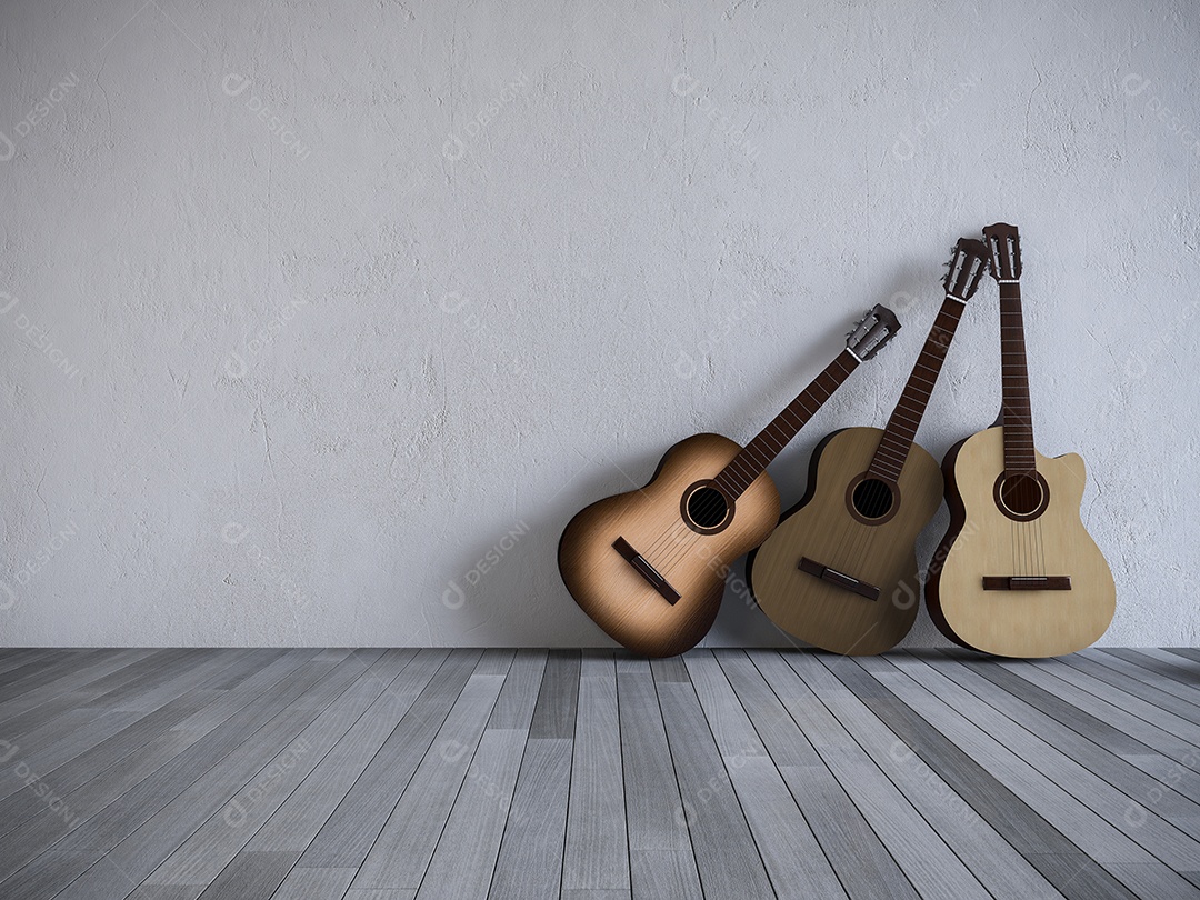 3Ds renderam guitarras na sala, piso de madeira antigo, parede de concreto branca rachada.