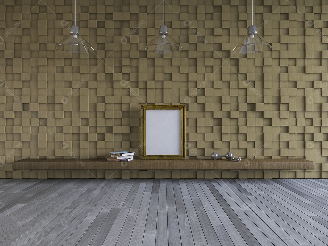 Sala de estar que tem padrão cúbico de madeira como parede, piso de madeira, moldura em branco e livro na prateleira, perspectiva de visão noturna.