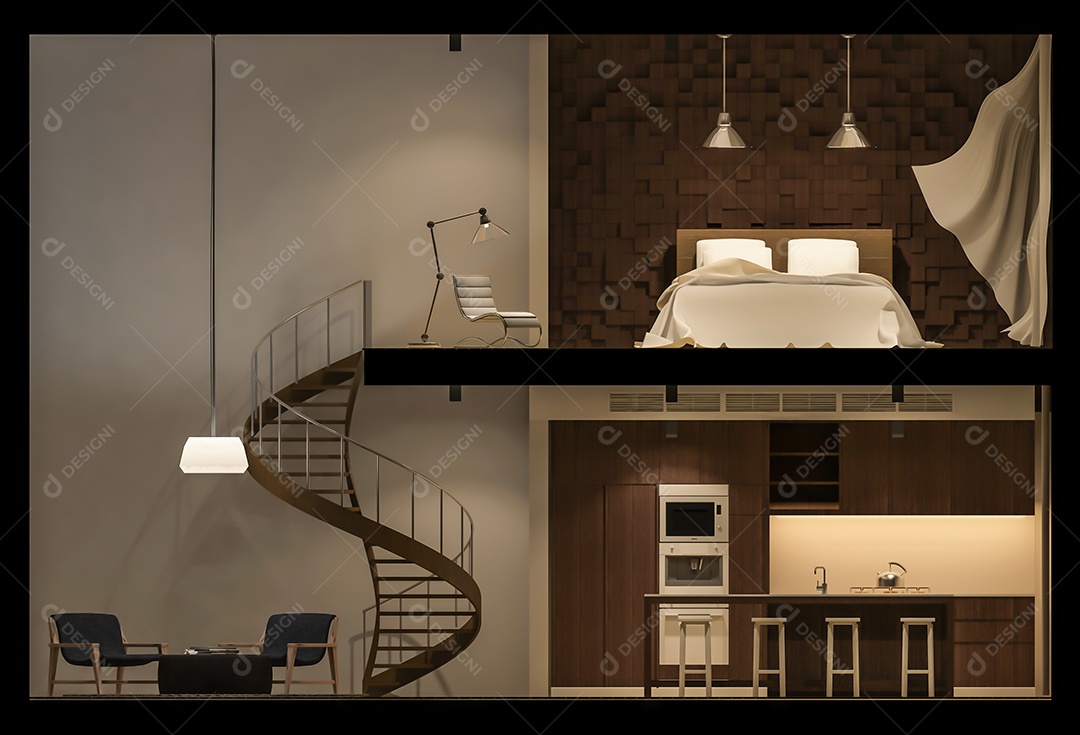 Espaço duplo na caixa de estar, cortinas de tecido branco sendo sopradas pelo vento, vista de elevação à noite.