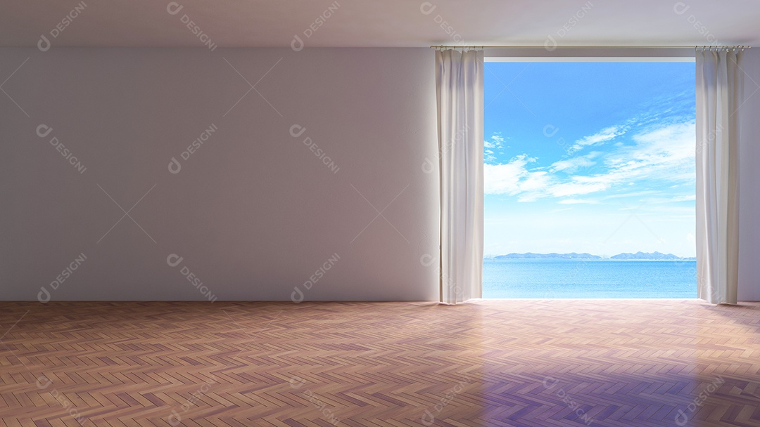 Sala à beira-mar, cortinas de janela de tecido branco, parede de concreto rachado branco, poltrona de couro no piso laminado de padrão de espinha de peixe.