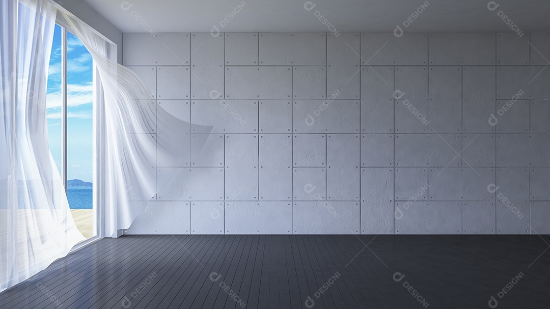 Sala de estilo simples, cortinas de tecido branco sendo sopradas pelo vento do mar, luz solar da janela e sombra no piso de madeira escura.