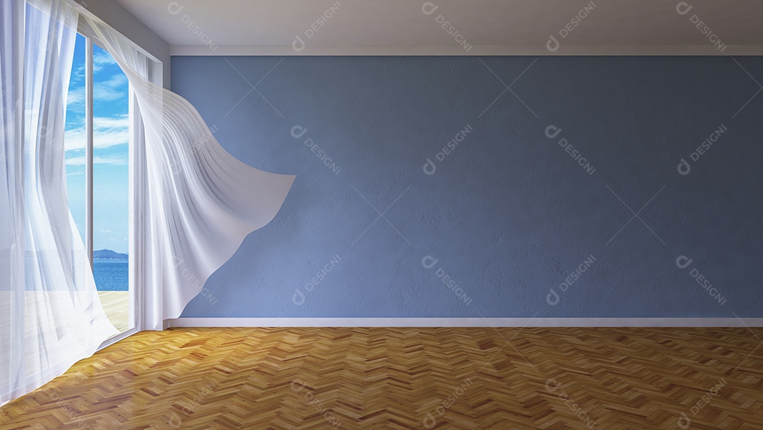 Sala de estilo simples, cortinas de tecido branco sendo sopradas pelo vento do mar, luz solar da janela e sombra no chão.