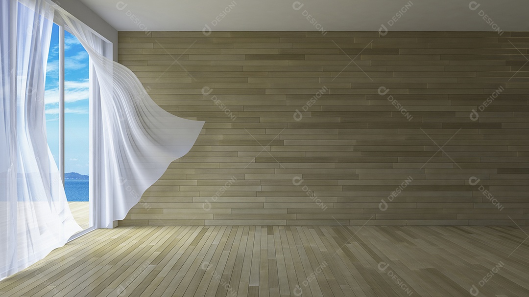 Sala de estilo simples, cortinas de tecido branco sendo sopradas pelo vento do mar, luz solar da janela e sombra no piso de madeira, padrão hexágono decorado na parede.