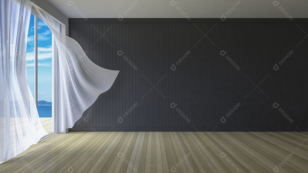 Sala de estilo simples, cortinas de tecido branco sendo sopradas pelo vento do mar, luz solar da janela e sombra no chão.