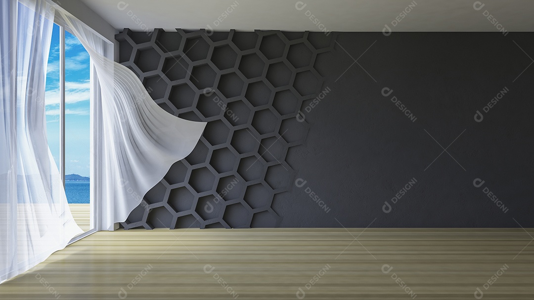 Sala de estilo simples, cortinas de tecido branco sendo sopradas pelo vento do mar, luz solar da janela e sombra no piso de madeira, padrão hexágono decorado na parede .