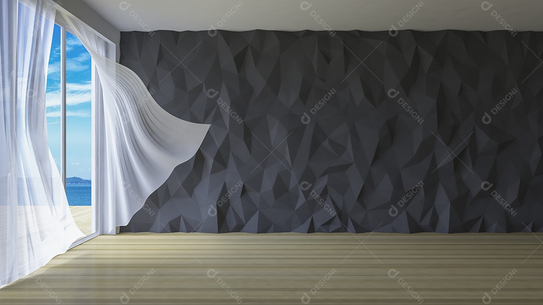 Sala de estilo simples, cortinas de tecido branco sendo sopradas pelo vento do mar, luz solar da janela e sombra no chão, parede decorativa de baixo polígono.