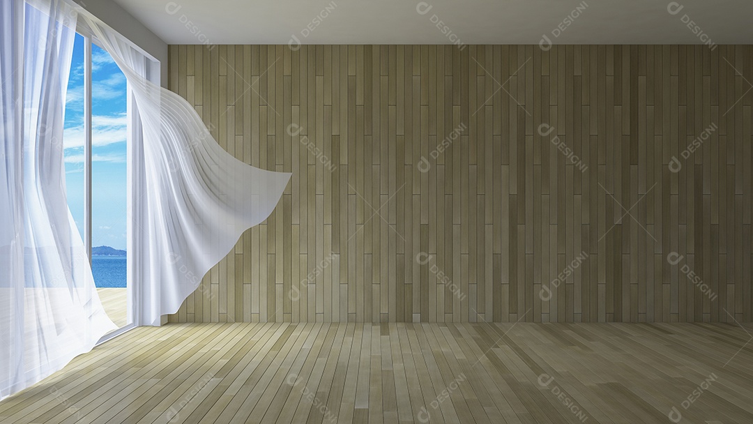 Sala de estilo simples, cortinas de tecido branco sendo sopradas pelo vento do mar, luz solar da janela e sombra no chão.