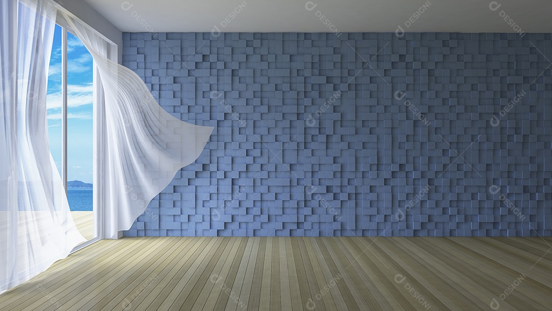 Sala de estilo simples, cortinas de tecido branco sendo sopradas pelo vento do mar, luz solar da janela e sombra no chão.