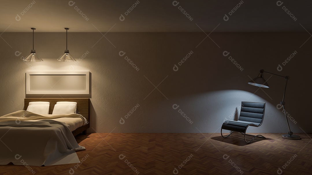 Quarto de cama à noite, luz branca quente sobre a cama, luz branca fria sobre a cadeira colocada no piso laminado.