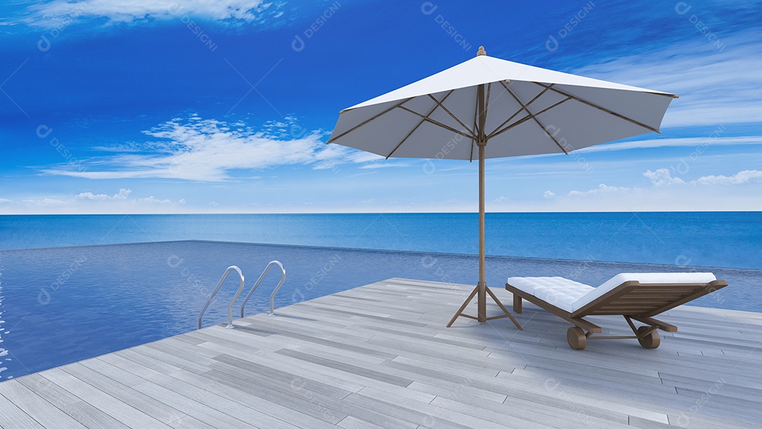 Sofa and umbrella on wooden terrace, sea view, infinity pool.