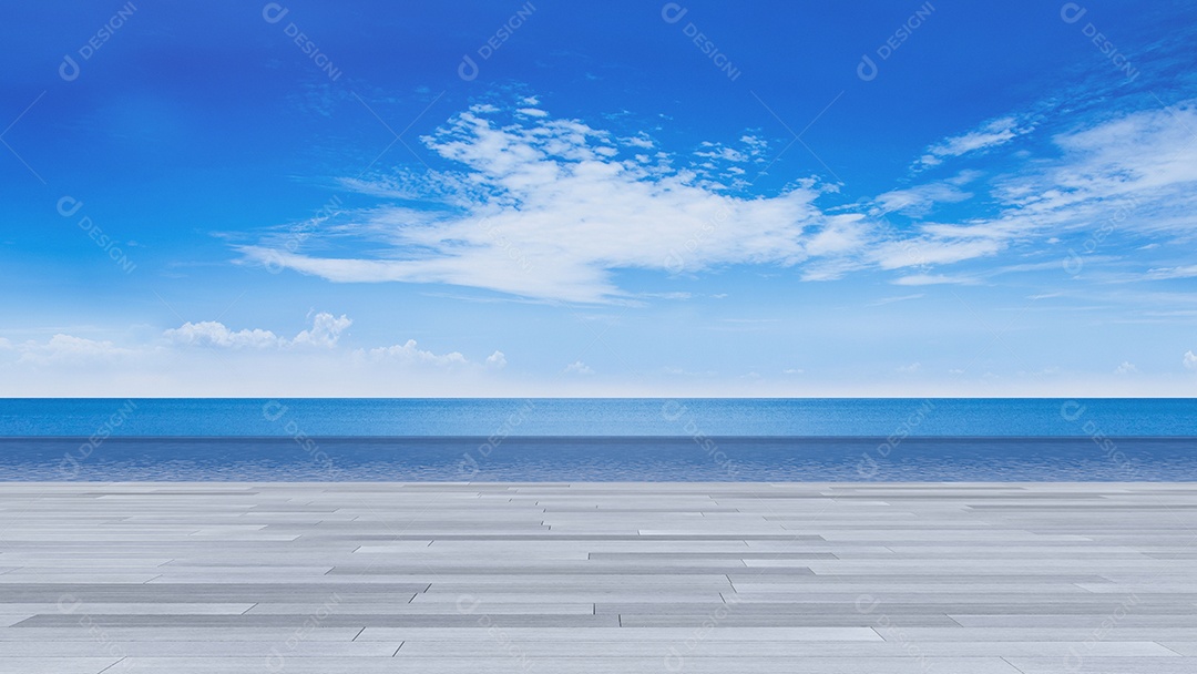 Terraço de madeira, vista para o mar, piscina infinita.