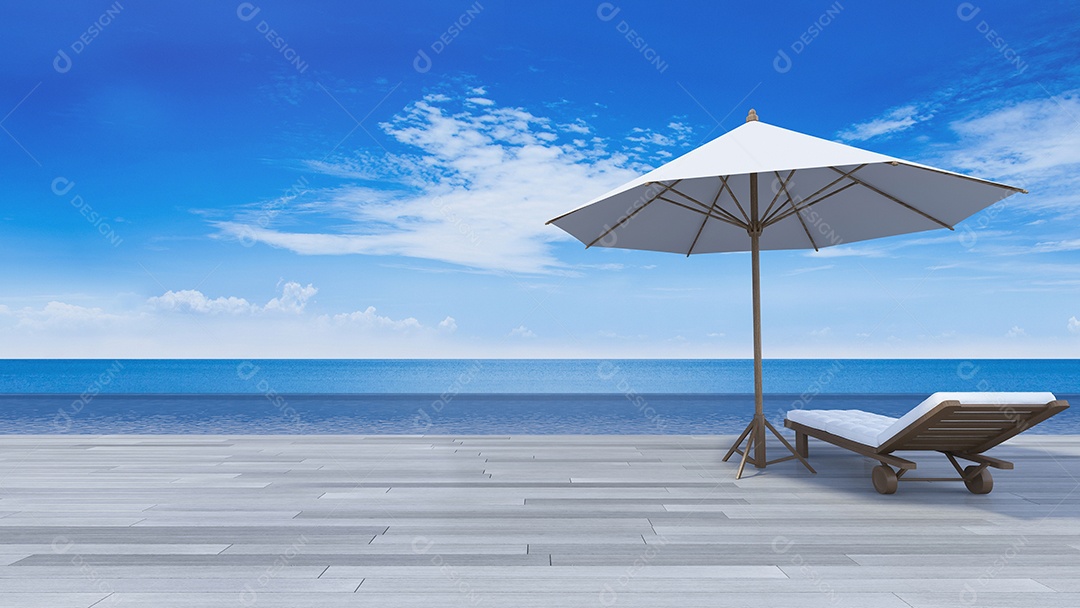 Sofá e guarda-chuva no terraço de madeira, vista para o mar, piscina infinita.